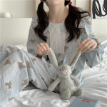 Helesinine multikas karu kevadpidžaamakomplekt naiste Peter Pan krae pits-lapit&ouml;&ouml;d s&auml;rgid + p&uuml;ksid volangid magamisriided puuvillane One Size sinine