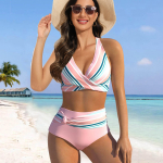 Naiste vahelduvate triipudega &otilde;lapaeltega ujumistrikoo ja tr&uuml;kitud bikiinidega l&uuml;hike ujumistrikoo S roosa