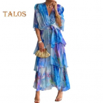 Naiste kleit Mitmekihiline laialivalguv kook &auml;&auml;ris Plisseeritud V-kaelus Unistavad v&auml;rvid volangidega pits-up &otilde;huke v&ouml;&ouml;koht nahkhiire varrukas &otilde;htukleit rannapidu ballis maxi S sinine