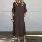 Naiste puuvillasest ja linasest &uuml;hev&auml;rviline vabaaja &uuml;mmargune kaelus, kahepoolsed taskud 3/4 varrukatega pikk kleit L