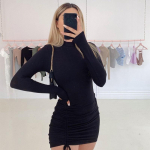 Pikkade varrukatega Ruched Bodycon kleit naiste kilpkonnaga sidemega minikleidid s&uuml;gismustad k&otilde;hnad venivad peovestid S must