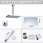 Seinale kinnitatav peidetud kandiline &uuml;laosaga du&scaron;ikomplekt messingist kraaniga, kuuma ja k&uuml;lma du&scaron;i segisti komplekt, matt must kroom