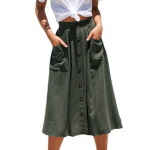 Naiste Midi Seelik Elastse K&otilde;rge V&ouml;&ouml;kohaga Salendav Stiil Keskmise S&auml;&auml;repikkusega Taskutega Seelik &Uuml;hev&auml;rviline N&ouml;&ouml;pidega Kaunistus A-l&otilde;ikeline Seelik L roheline