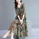 2023 Summer Retro Print Loose-Fit Dress for Middle-Aged & Elderly Women M