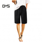 Naiste puuvillase ja linase kanga suvised l&uuml;hikesed p&uuml;ksid, vaba l&otilde;ikega laia s&auml;&auml;rega n&ouml;&ouml;riga reguleeritavad vabaaja l&uuml;hikesed p&uuml;ksid taskutega, p&otilde;lvedeni ulatuvad p&uuml;ksid vaba aja veetmiseks, rannapuhkuseks M must