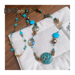 Vanaaegne helmestega kaelakee v&auml;rviliste kividega, nahas&otilde;bralik, sobib k&otilde;igele, mitmekihiline naiste kaelakee, ehted, kingitused sinine