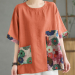 Vintage Crew Neck L&uuml;hike varrukas naistele Suvise lilleprintiga Patchwork Puuvillane hingav T-s&auml;rk Lahti kerge ja mugav t&ouml;&ouml;puhkuse T-s&auml;rk L