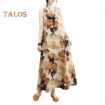 Boho Suur Suurus Puuvillane Linane Kleit Naistele Suvine Varrukateta Tr&uuml;kitud Vaba Pikk Kleit Vabaaja &Uuml;mara Kaelusega Maxi Tankkleit M