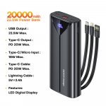 QOOVI 30000mAh Power Bank 22.5W Kiirlaadimine Sisseehitatud kaabel V&auml;line suur aku Kaasaskantav laadija iPhone'ile Samsungile Xiaomi'le must
