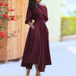Elegantne Naiste Mood Roheline Diagonaalse Kaelusega Keskmise Varrukaga Vabaaja Kleit Naiste Vabaaja Retro Pikk Kleit L veinipunane v&auml;rv