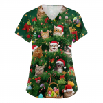 Women's V-neck Christmas printed short-sleeved pocket side-slit protective suit top XL