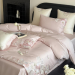 Lillede tikandiga luksuslik voodipesukomplekt Egiptuse puuvillast &Uuml;he-, Queen-, King-suuruses tekikott, lina/kummiga lina, padjap&uuml;&uuml;rid 3/4 tk Flat Bed Sheet&Single 150X200cm 3pc roosa