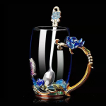 Euroopa Emailitud Roosiklaasist Tasside Komplekt K&auml;sitsi Nikeldatud Lillemustriga &ndash; Vintage Luksuslikud Kohvi- ja Teetassid Blue B with Spoon white
