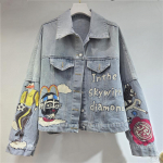 2025 S&uuml;gis Retro Ameerika K&auml;sitsi Maalitud Graffitiga Multikas Naiste Denim Jakk One Size sinine