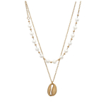 Les Tr&eacute;sors De Lily [Q8646] - Disainer valgest kullast 'Cowrie' terasest kaelakee (2 rida) - 40/44 cm - 15x10 mm ja 4 mm p&auml;rlid valge