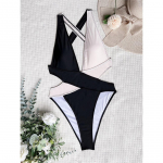 Splicing Deep V Neck Cross Back &uuml;hes t&uuml;kis ujumistrikoo Naiste ujumisriided Naiste Monokini Scrunch Butt supelkost&uuml;&uuml;m ujumine S beež/must