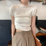 Suvised plisseeritud silmkoelised naiste pluusid L&uuml;hikeste varrukatega &otilde;huke vabaaja s&auml;rk Naiste mood Soliidsed k&auml;rbitud topid Naiste riided 25243 One Size hall v&auml;rv