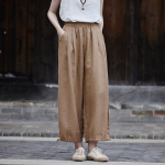 Johnature naiste puuvillased linased sirged p&uuml;ksid &uuml;hev&auml;rvilised s&uuml;gisp&uuml;ksid elastsed v&ouml;&ouml;taskud vintage pahkluuni ulatuvad p&uuml;ksid One Size khaki