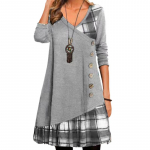 Naiste pikkade varrukatega vabaaja kleit, lapiga kaunistatud n&ouml;&ouml;pidega ruuduline mustriga kleit 2XL helehall v&auml;rv