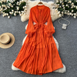 Prantsuse vintage maksikleit naistele p&uuml;stine krae latern, varrukas, pitsiline, naiste A-line elegantsed kleidid kevad-s&uuml;gis One Size oranž
