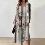 Naiste s&uuml;gis- ja talvine vabaajamoodne V-kaelusega pikkade varrukatega pikk kleit M hall v&auml;rv