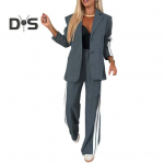 2 tk/komplekt Lady pidulik mantli p&uuml;kste komplekt, alla keeratav krae &Uuml;herealine pikkade varrukatega jope Lahtised triibulised laia s&auml;&auml;rega p&uuml;ksid vabaaja igap&auml;evane kandmine t&ouml;&ouml;le s&otilde;itmiseks L tumehall v&auml;rv