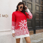 S&uuml;gis- ja talvine naiste kleit J&otilde;ulune kampsun Kleit Snowflake Jacquard Lantern varrukatega avara kootud kleit S punane