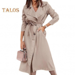 Naiste talvejope pitsrihmaga pikkade varrukatega taskud tuulejakk kaherealine mantel s&auml;&auml;re pikkus tuulekindel soe mantel S must