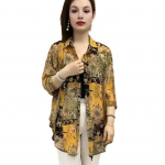 Naiste s&auml;rgi rev&auml;&auml;riga 3/4 varrukatega p&auml;ikesekaitsega s&auml;rk, tr&uuml;kiga p&auml;ikesekaitse, &otilde;huke keskmise pikkusega s&auml;rk, lahtised topid igap&auml;evaseks kandmiseks L kollane