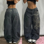 Ameerika Uus Mood Geomeetriline Muster Tikitud Baggy Teksad Naiste Y2K Harajuku Vintage Hip-hop Populaarsed Vabaaja Laiade S&auml;&auml;rtega P&uuml;ksid M