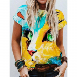 Suvised &uuml;mara kaelusega 3D kassipildiga pluusid, moodsad vabaaja l&uuml;hikeste varrukatega naiste T-s&auml;rgid S