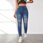 Naiste Mood Rebenenud Denim Leopardimustriga Vabaaja Keskmise V&ouml;&ouml;kohaga P&uuml;ksid P&uuml;ksid ja Capri Vabaaja P&uuml;ksid M sinine