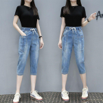 Naiste Elastsed K&otilde;rge V&ouml;&ouml;koht Denim Capri P&uuml;ksid 7/8 L&otilde;tv Vabaaja Kitsa L&otilde;ikega Tikitud Harem Jeans M