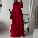 LYRIA naiste lehvivate varrukate ja volangidega kleit moslemi peokleidid Dubai abaya T&uuml;rgi hommikumantel elegantne naiste hommikumantel islami kleit s&uuml;gismoe S punane