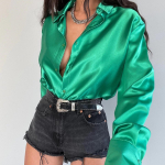 Spring Lapel Satin &Uuml;herealine pikkade varrukatega rev&auml;&auml;riga s&auml;rk Seksikas professionaalne s&auml;rk T-s&auml;rk Naister&otilde;ivad XXL roheline