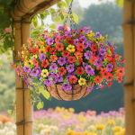 Artificial Floral Centerpieces in Basket with Coconut Lining for Hanging Red Pink