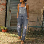 Naiste Retro Denim Bib Kombinesoonid Teksad Kombinesoonid ja p&uuml;ksid Naistele Ripped Hole Vabaaja veniv pikk m&auml;ngu&uuml;likond Taskud Jumpsuit XS hall