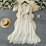 K&otilde;rgetasemeline kleit naistele s&uuml;giseks Prantsuse mood Pits Pikad varrukad Patchwork V&ouml;&ouml;kohta kitsendav Volditud pikk kleit S aprikoosi