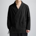 Hiina stiilis Tang &uuml;likond Hanfu Meeste linane pikak&auml;eline diagonaalse n&ouml;&ouml;pauguga top Retro puuvilla-linasegust jakk Zen ilmikute r&uuml;&uuml; M must