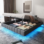 Polsterdatud voodi 180x200 cm, H&uuml;draulilise mehhanismiga ujuv voodiraam hoiuruumiga, Multifunktsionaalne voodi ilma peatsita LED-valgustusega, Linane hall 201 x 181 x 31 cm hall