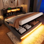 Polsterdatud voodi, 180x200cm, USB-C laadimisega, &uuml;mbritseva valgusega voodi all, peatsi panipaiguga, h&uuml;draulilise panipaiguga, ilma madratsita, LED-valgustusega, hall 219 x 186.5 x 110 cm hall