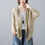 Puuvillane linane kapuutsiga jope naiste suvine vaba vaba aja &otilde;huke p&auml;ikesekaitse s&auml;rk pikkade varrukatega kardigan top M beež