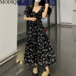 MODIQUE Suvine Suures suuruses uus kleit-s&auml;rk naiste avara tr&uuml;kiga lilleline puuvillane linane must kleit vabaaja naiste kleidid V-kaelusega l&uuml;hikeste varrukatega XL must