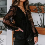 Moodne pits-kikilips, pikkade varrukatega topid vabaaja tikanditega, laiguline pitss&auml;rk Elegantne &otilde;&otilde;nes V-kaelusega &otilde;huke v&ouml;&ouml;pluus 29104 S must