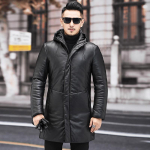Ehtsast nahast jakk, Meeste kapuutsiga udunjakk, Noorte keskmise pikkusega Korea slim-fit trendikas, Talvine paks nahkjakk 5XL