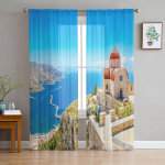 Kaunis vaade kirikule L&auml;bipaistvad kardinad magamistoa elutuppa t&uuml;llkardinad k&ouml;&ouml;giakna jaoks Voile kardinad 135W x 114H(cm)