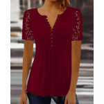 GMXIA naiste mood vabaaja pitsist pitsvarrukad pressitud suvised &uuml;hev&auml;rvilised l&uuml;hikeste varrukatega V-kaelusega pluusid ja s&auml;rgid S punane