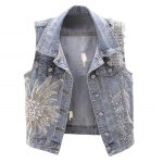 Moodne pitsist helmestega teksavest naiste kardigan kevadine varrukateta jakk Moodsed vintage teksad XS sinine