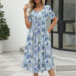 Moekas ja seksikas naiste suvine uus elegantne tr&uuml;kitud &uuml;mara kaelusega l&uuml;hikeste varrukatega t&otilde;mblukuga kleit L sinine