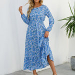 Naised Kevad S&uuml;gis Kaelus Pikad Varrukad Line &Otilde;huke Elastne V&ouml;&ouml;koht Lilletr&uuml;kis Pikk Kleit Volangidega Riietus M